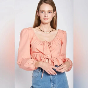 En Saison Cropped Peplum Ruffle Blouse | Coral | Small | Milkmaid, Cottagecore